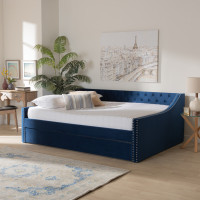 Baxton Studio CF9228 -Navy Blue Velvet-Daybed-FT Baxton Studio Raphael Modern and Contemporary Navy Blue Velvet Fabric Upholstered Full Size Daybed with Trundle